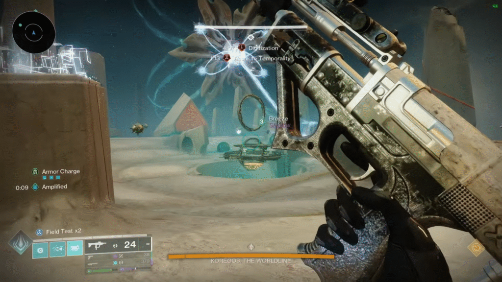 A player trying to reload when fighting Koregos, The Worldline in Destiny 2.