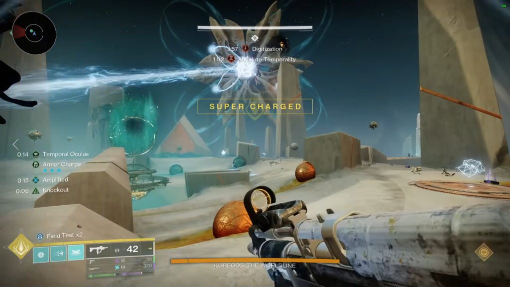 A Destiny 2 player trying to avoid attacks from Koregos, The Worldline.