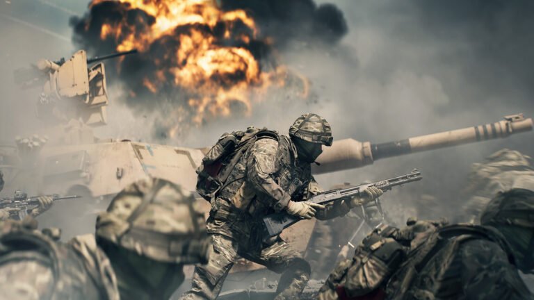 Military members charging in Battlefield 6.