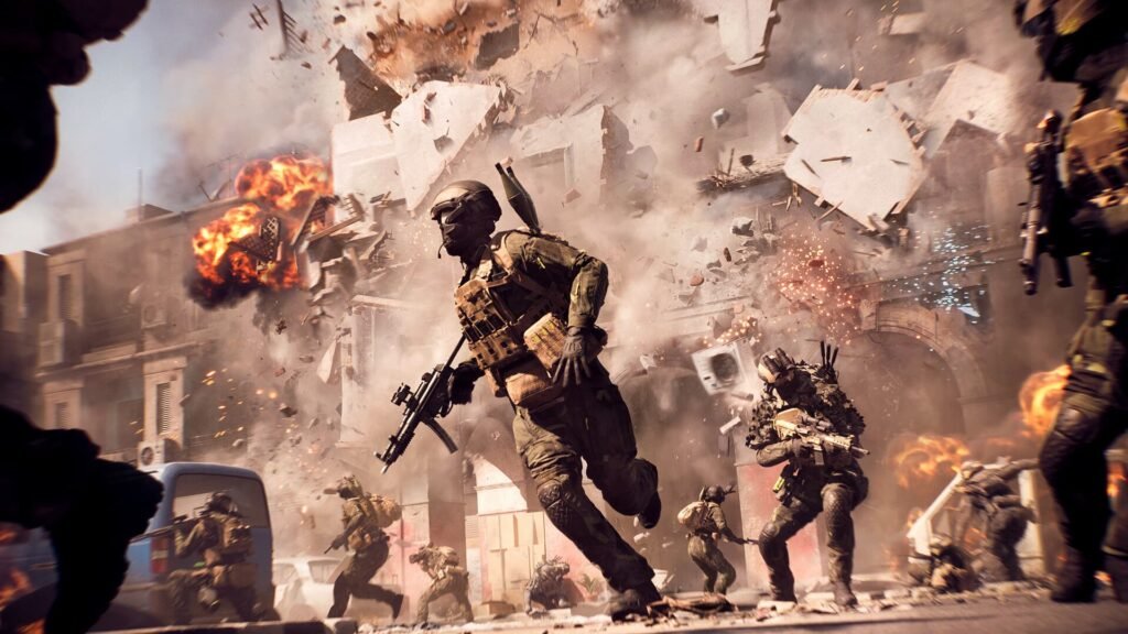 Military members running from a collapsing building in Battlefield 6.