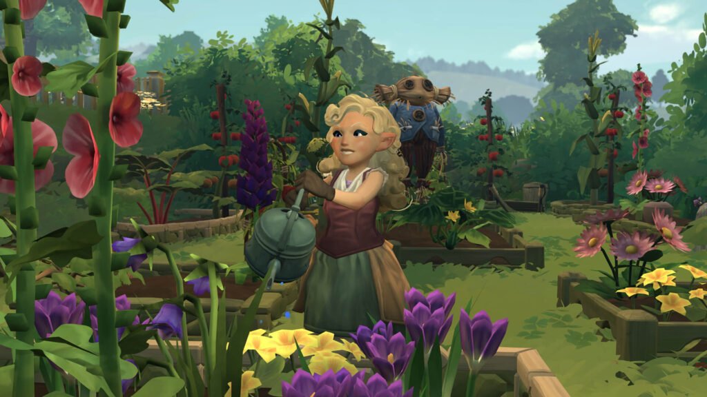 A hobbit standing over a garden in Tales of the Shire.