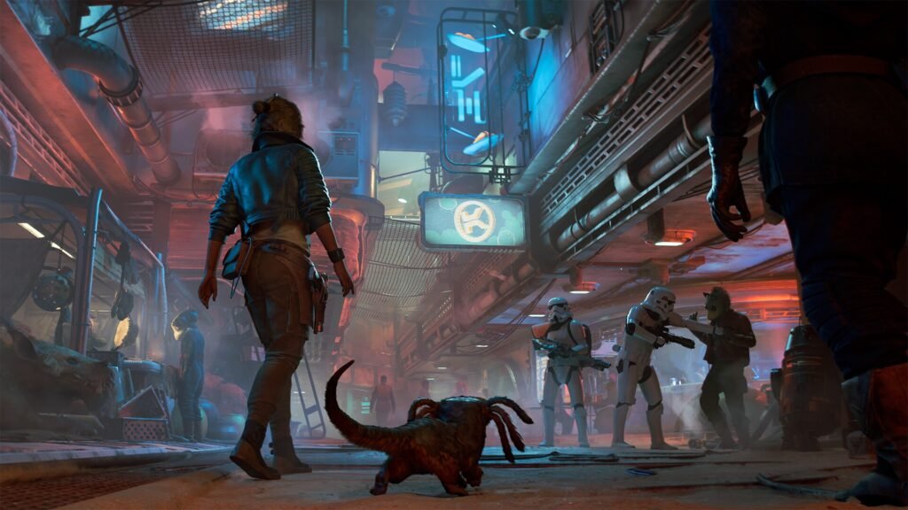 The protagonist of Star Wars outlaws walking to Strom Troopers