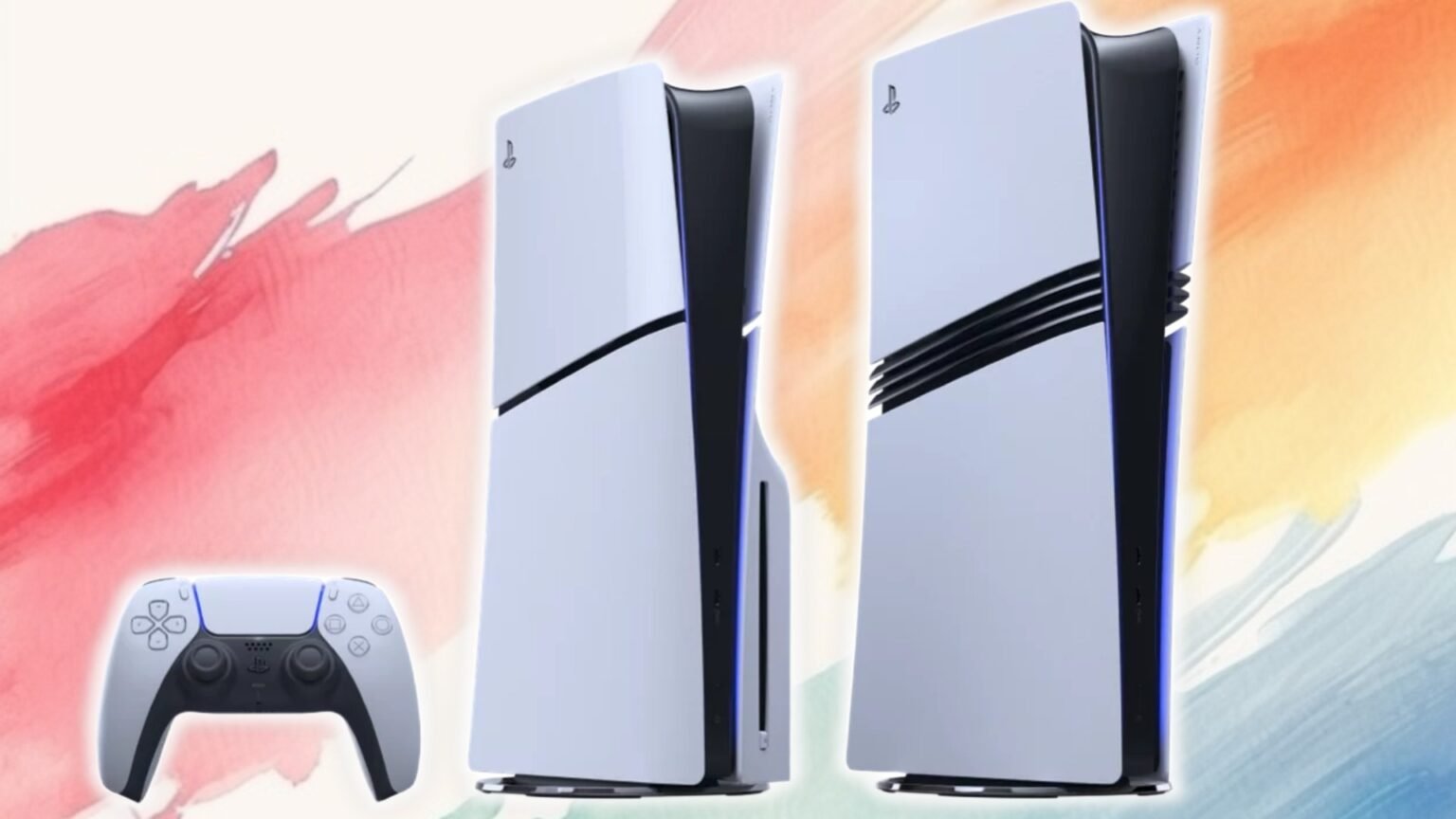 Two PS5s next to a PS5 controller on a painted background