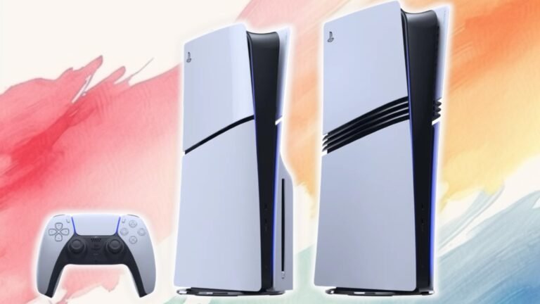 Two PS5s next to a PS5 controller on a painted background