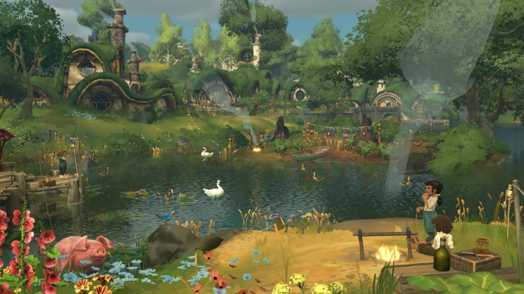 Two Hobbits standing in front of a lake in Tales of the Shire.