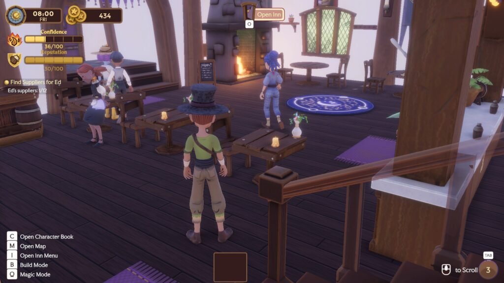 The player in Magic inn looking at their restaurant.