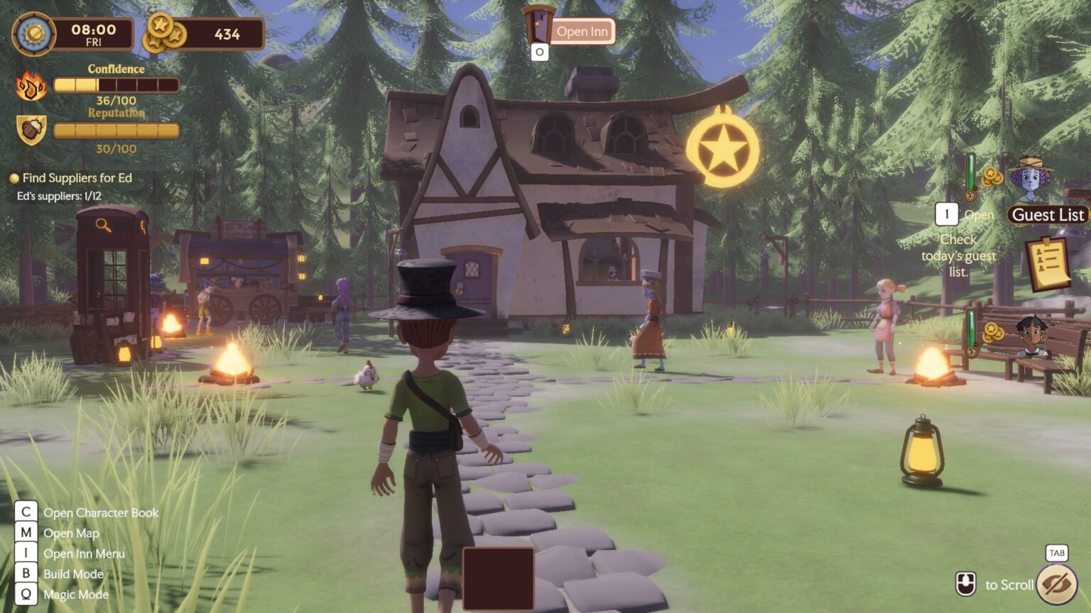 A player in Magic Inn looking at their inn from the outside.