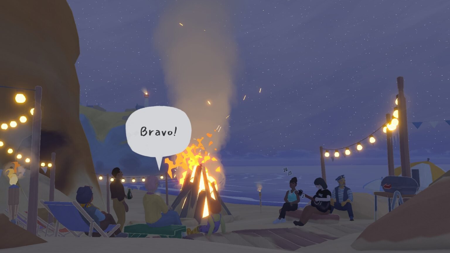 The player gathered around a campfire in Tiny Bookshop