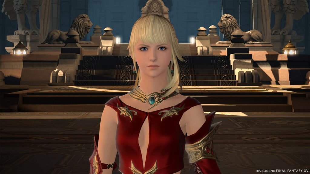 A Blone lady looking at the screen in Final Fantasy 14