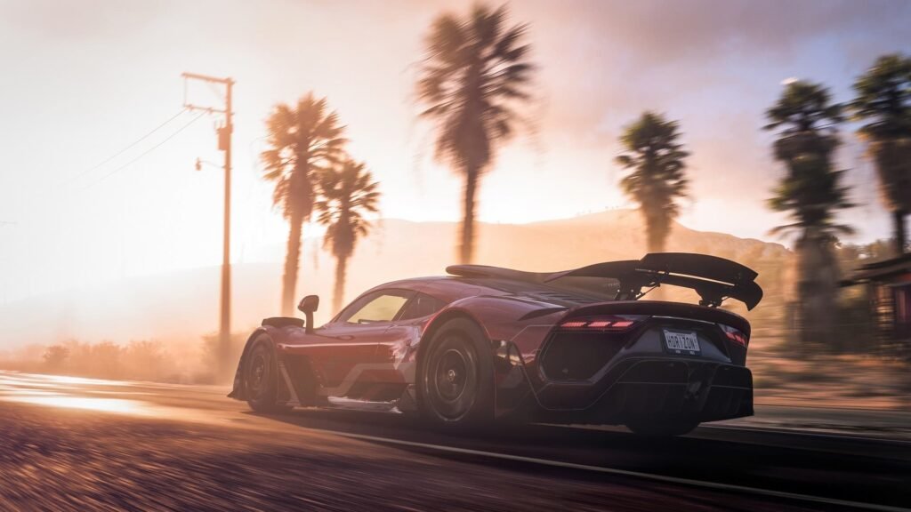 A Forza horizon 5 car racing on a road