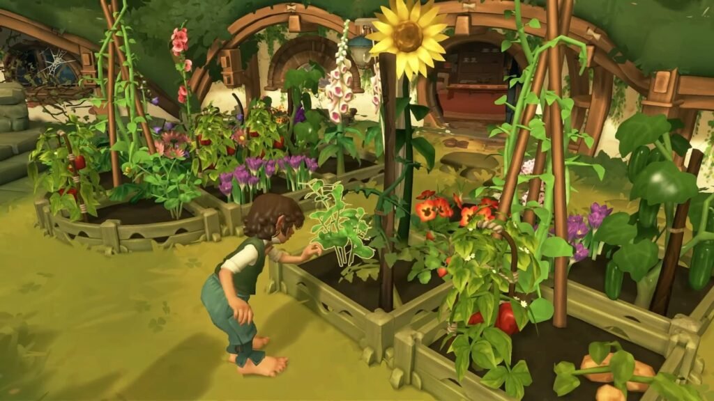 A Hobbit looking at their plants in Tales of the Shire