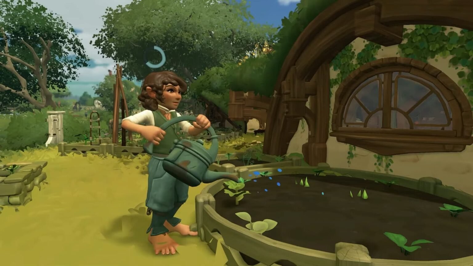 A Hobbit watering their plants in Tales of the Shire