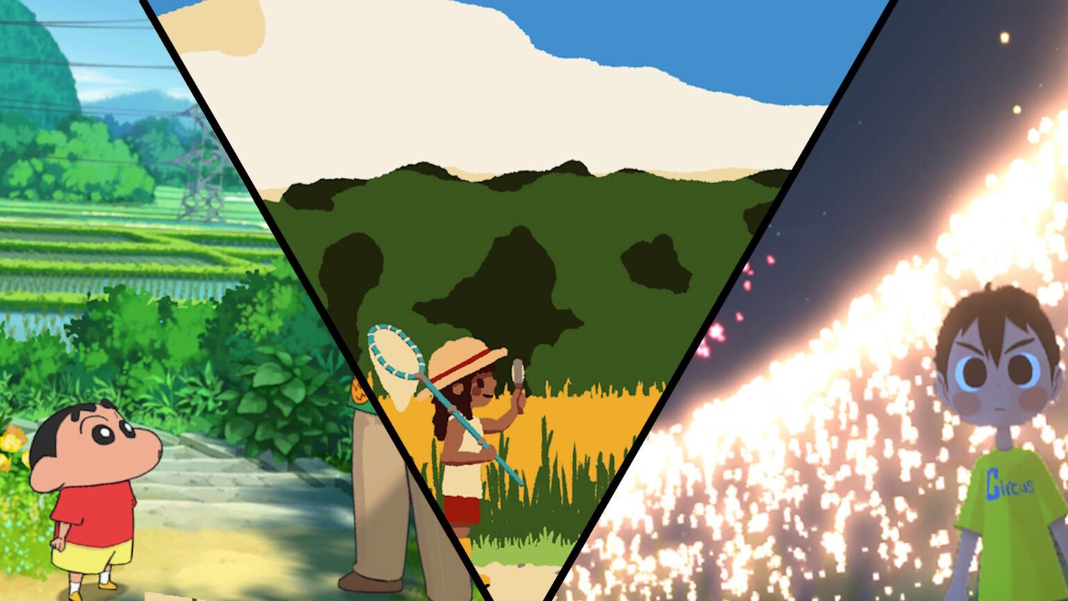 A cover picture containing images from Shin-Chan Shiro and the Coal Town, Kabuto Park, and Natsu-Mon 20th Century Kid