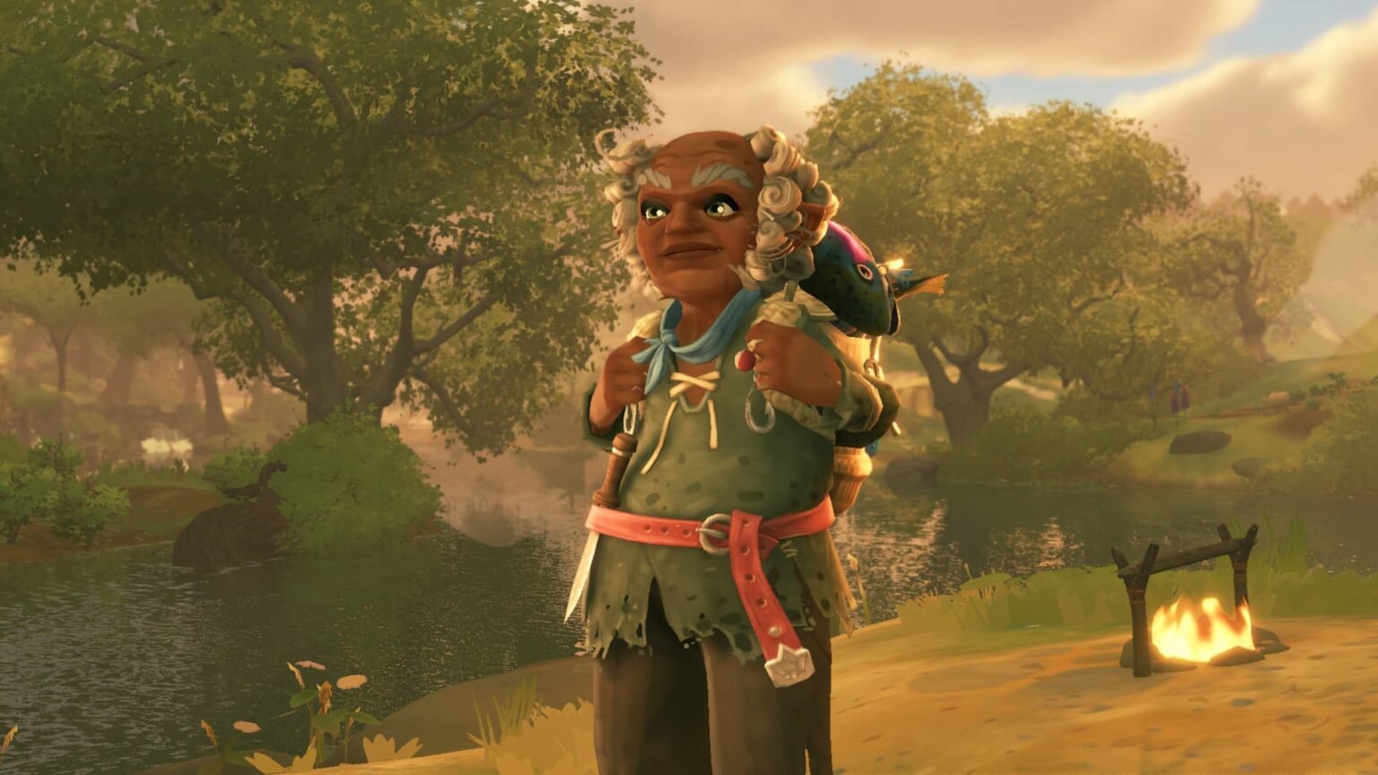 A hobbit holding a bag near a campfire in Tales of the Shire