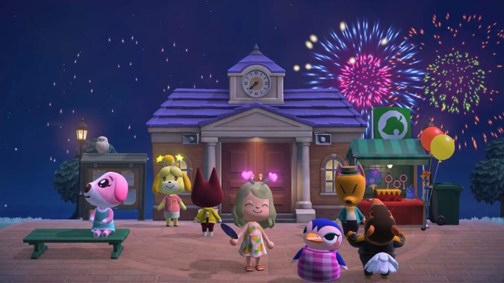 A picture that shows a player-created protagonist in Animal Crossing New Horizon enjoying firecrackers with townsfolk.
