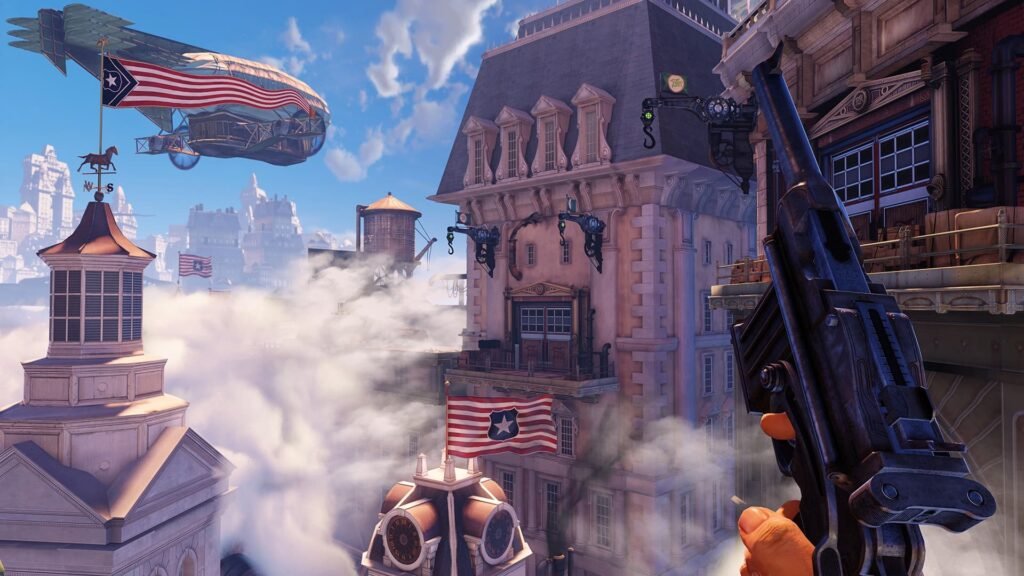 A player with a handgun looking at the skys of Bioshock Infinite