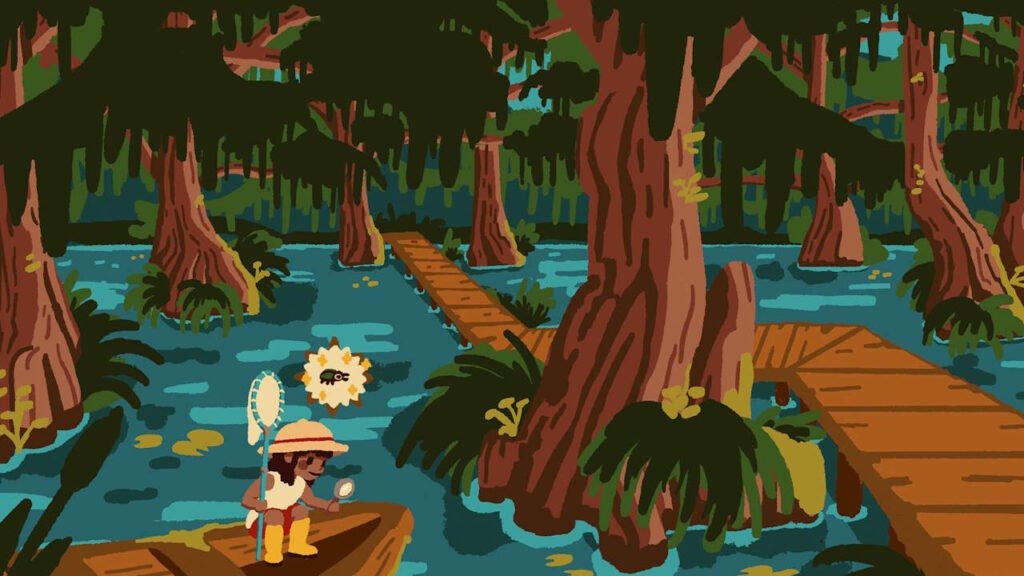 An image in which the protagonist of Kabuto Park is looking through a pond to find a bug
