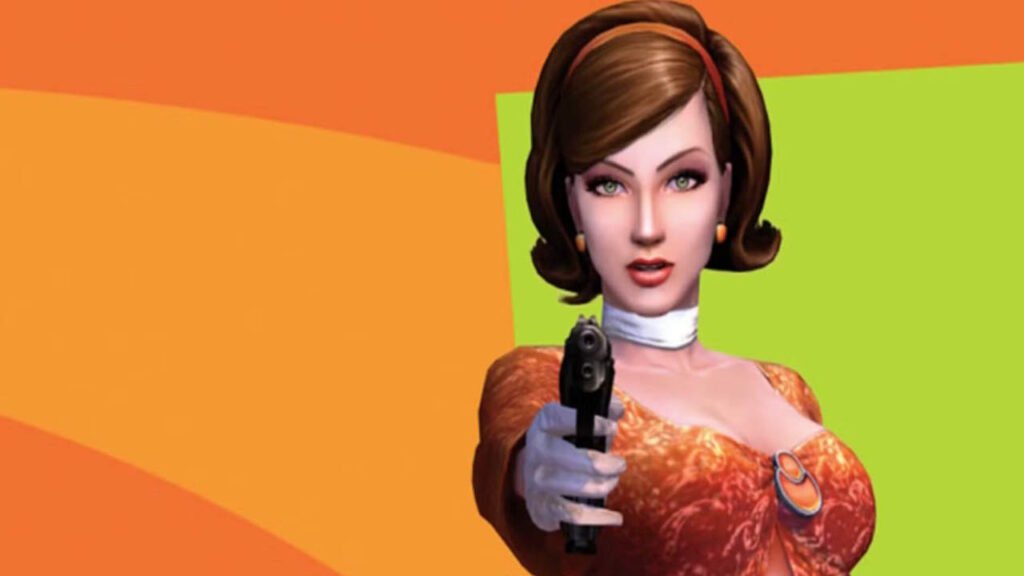 An image of Cate Archer pointing gun