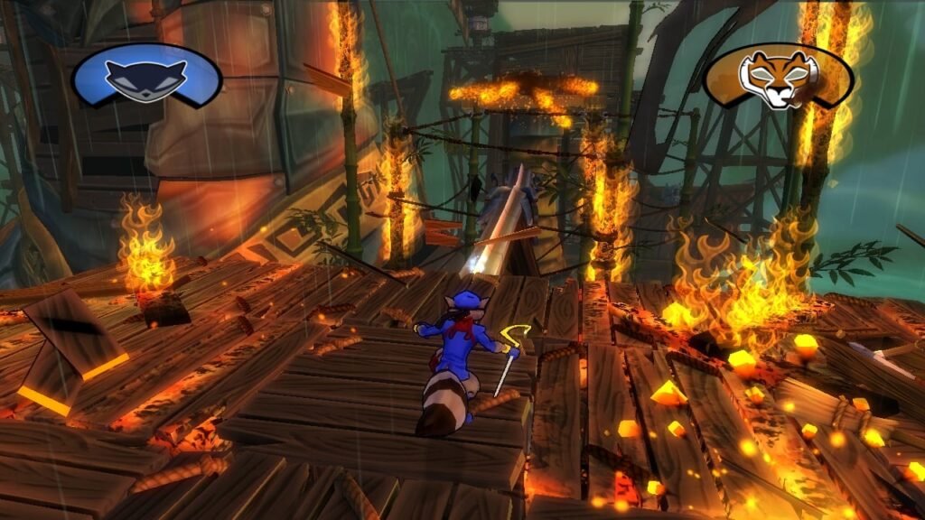 An image of Sly Cooper running on a wooden platform which is up in flames
