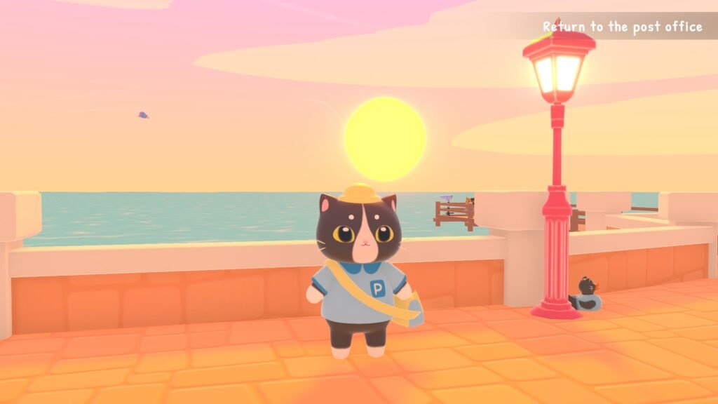An image of teh cat standing in front of a pier with sun setting in the horizon