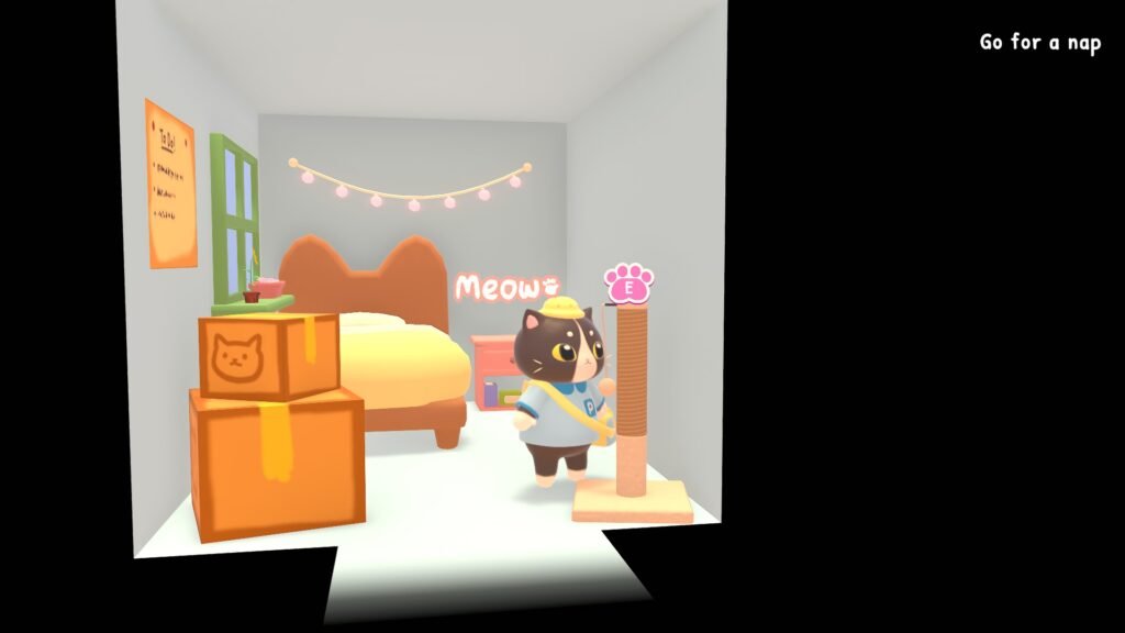 An image of the cat inside his room, standing in front of a scratch pole