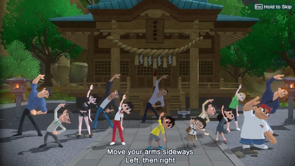 An image of the protagonist Satoru of Natsu-Mon participating in early-morning exercise with the people of town.