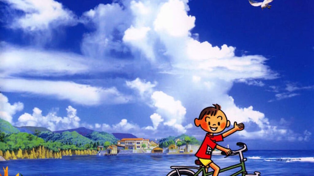 The cover art of Boku no Natsuyasumi 2, featuring the protagonist riding his cycle through an open field.