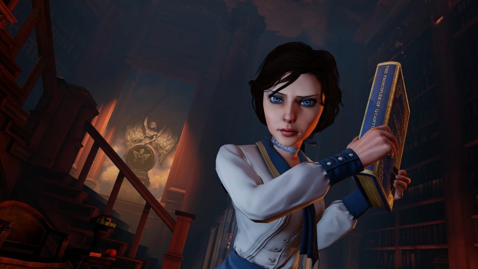 Elizabeth hitting the player with a book in Bioshock Infinite