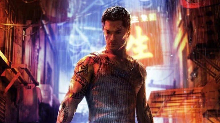 Image of Wei Shen standing in a neon-lit alley during rainfall