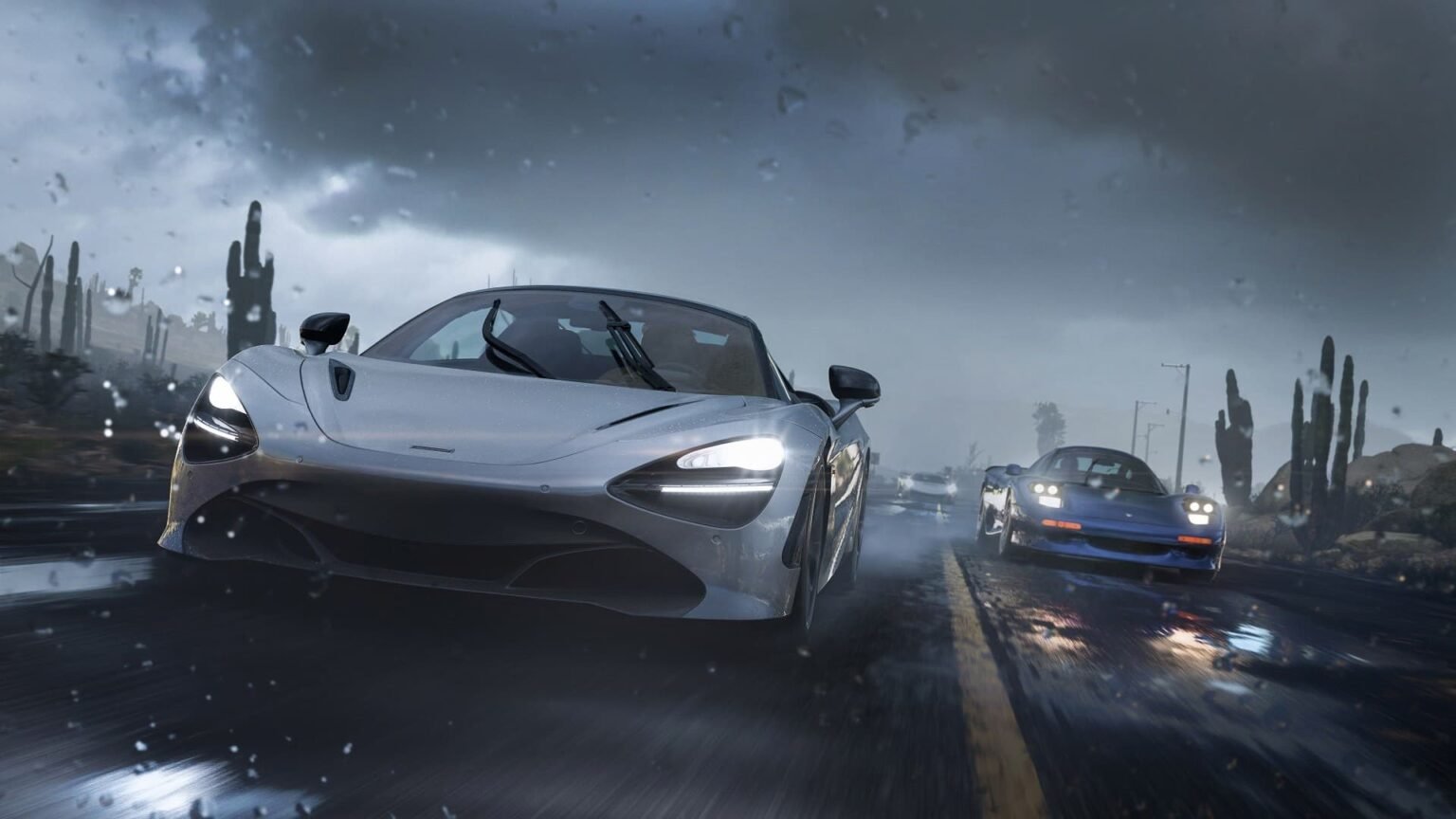Multiple Forza Horizon 5 cars racing down a road in the rain
