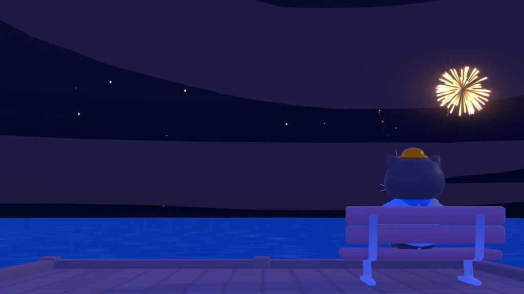 The cat looking at the horizon, enjoying fireworks at the night