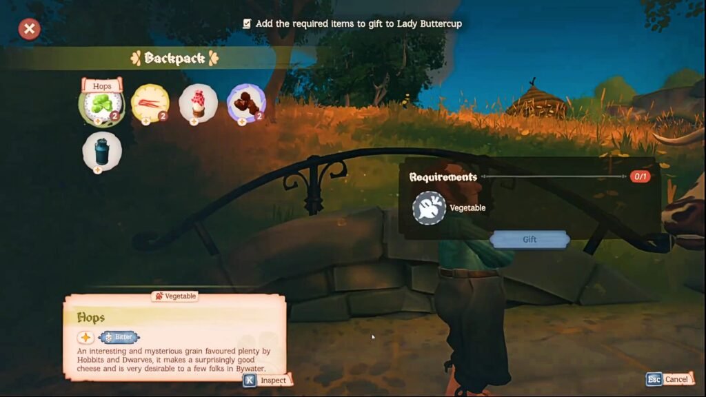 The player about to grab a vegetable from their inventory in Tales of the Shire.