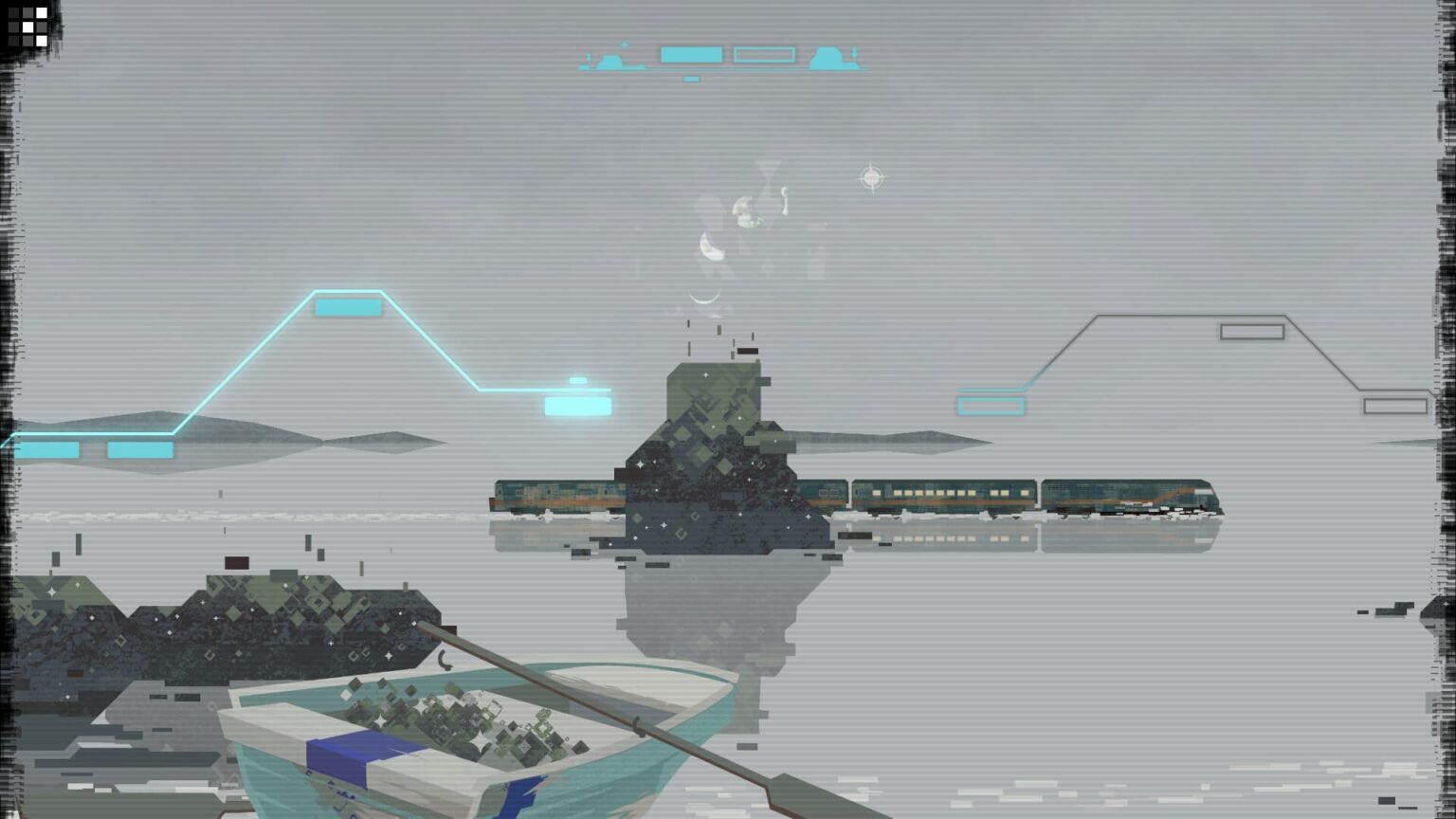 The player looking at a town with a computer inteface in Cipher Zero.