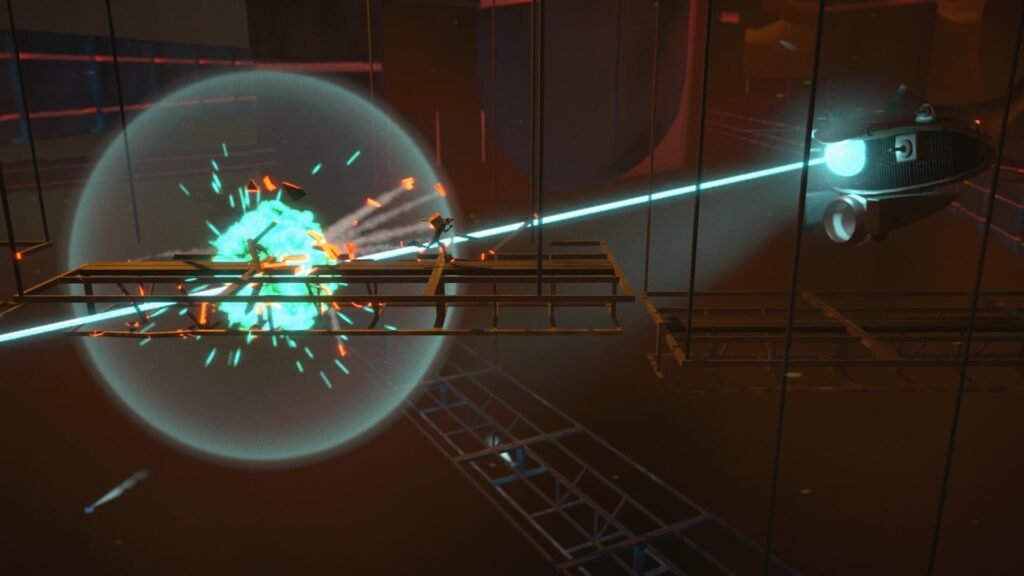 The player running away from equipment being hit with a laser in Antro.