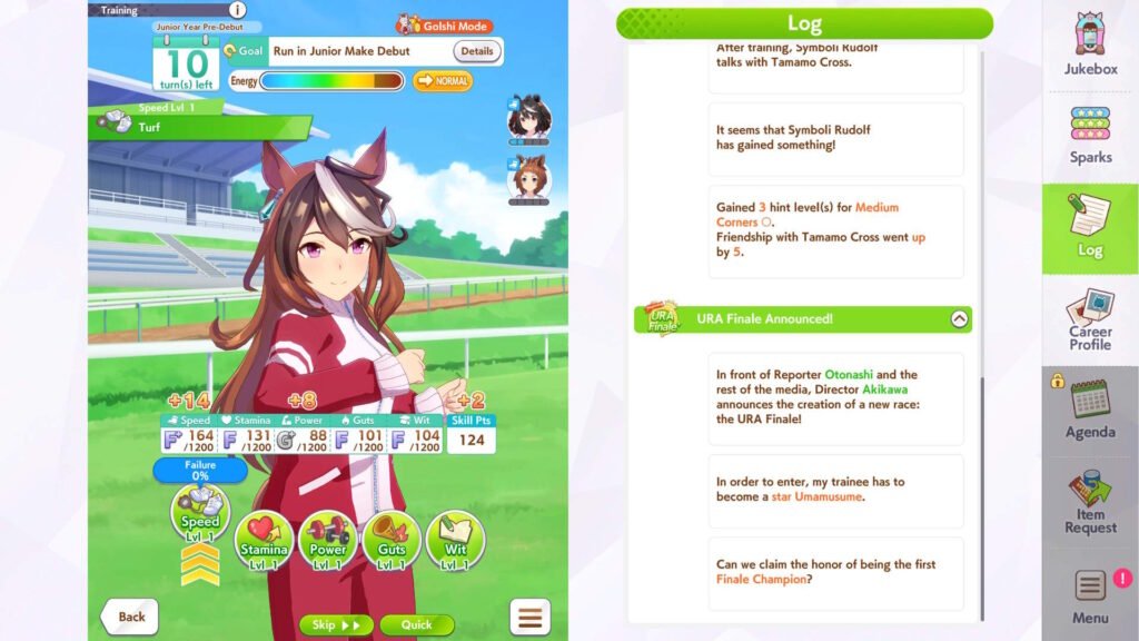 The training screen of Umamusume on Steam. In the image, Symboli Rudolf is waiting to get trained.