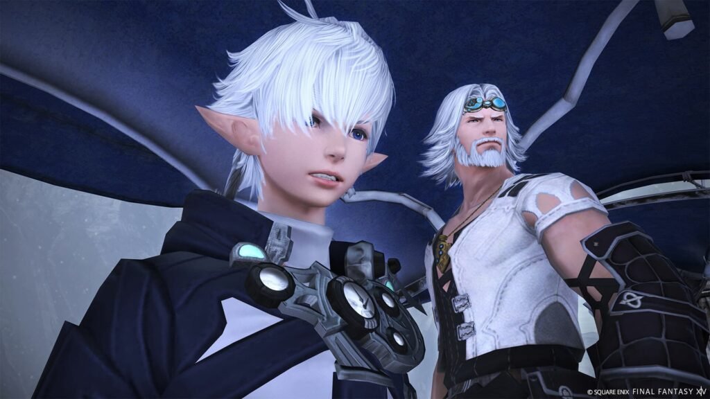 Two white haired people looking to the right in Final Fantasy 14