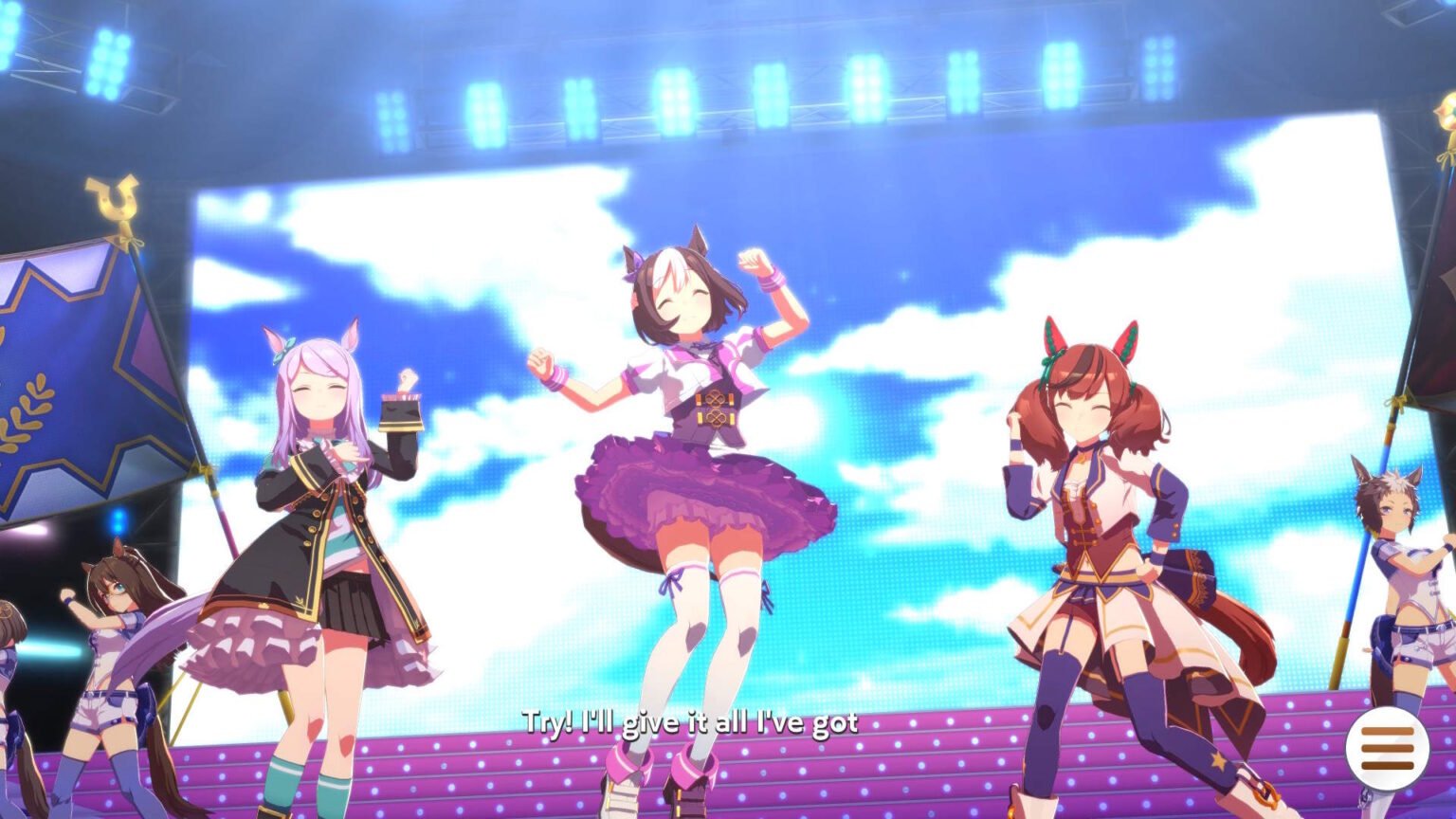 Save Me from My Umamusume: Pretty Derby Addiction Umamusume Mejiro McQueen, Special Week, and Nice Nature dancing on a stage