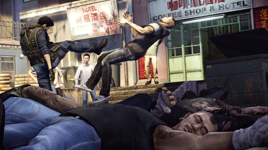 Wei Shen fighting rival gang Dogeyes's members in an alleyway, wearing a police gear