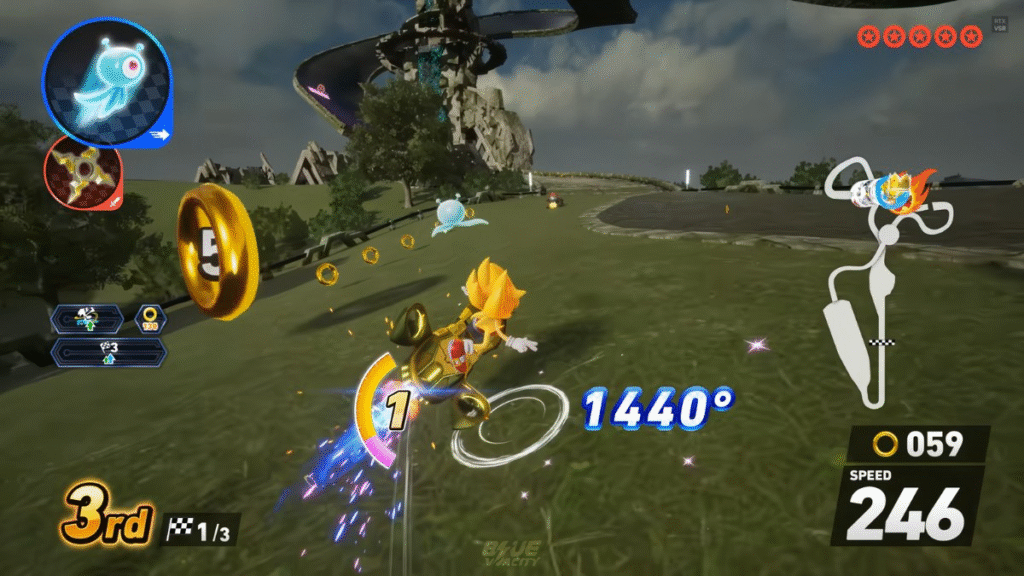 A screenshot of Super Sonic in Sonic Racing Crossworlds racing 