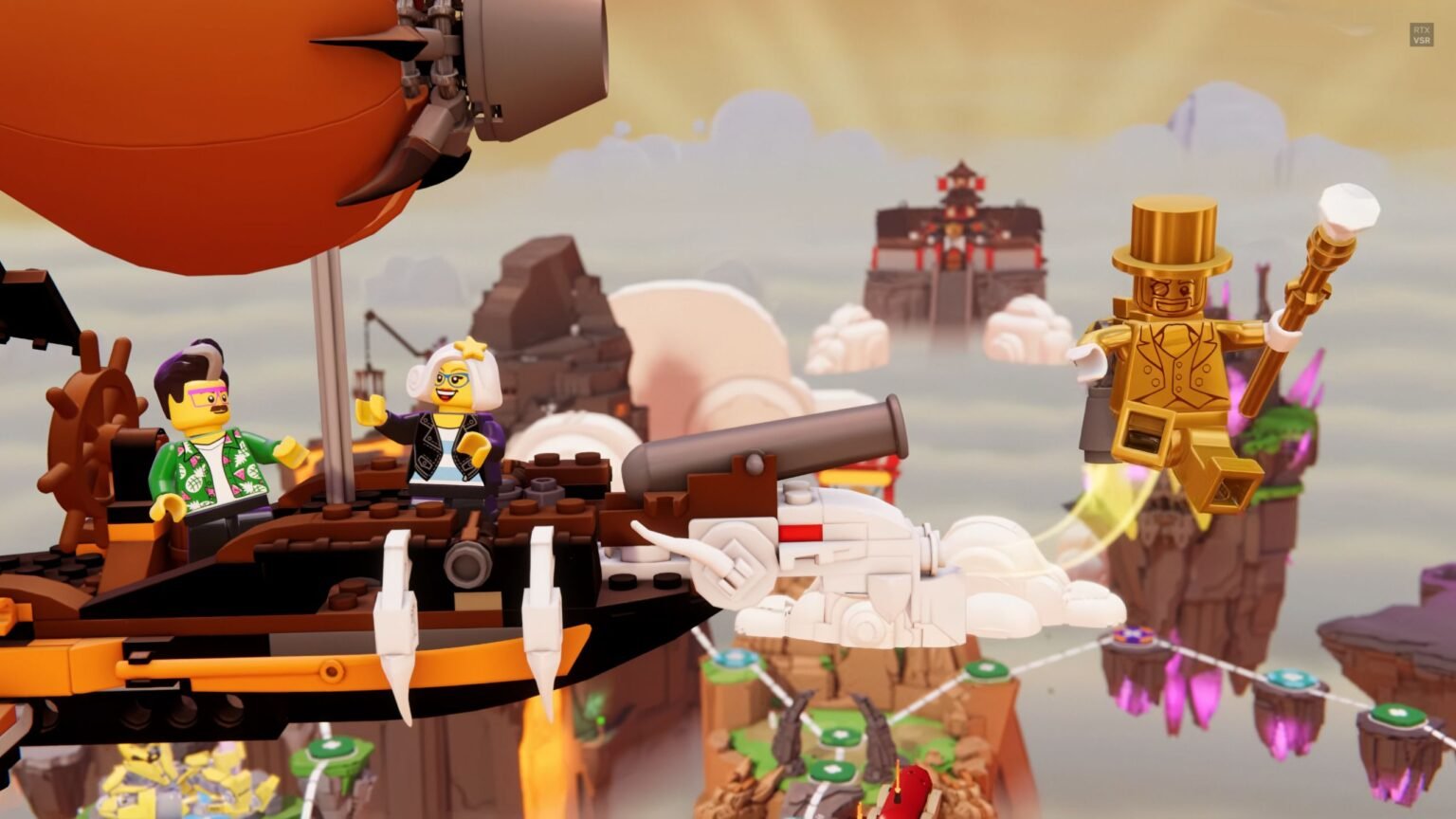 A screenshot of Lego Party characters are flying