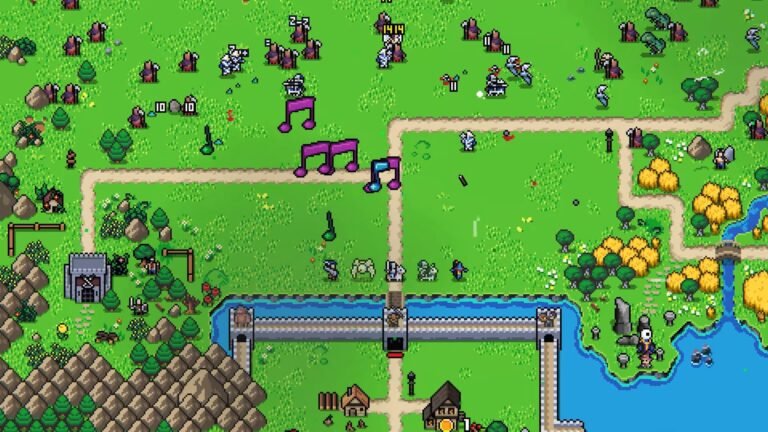 A caravan of singers walking by the player castle in Super Fantasy Kingdom