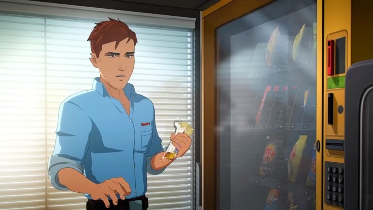 A character getting food from a vending machine in Dispatch