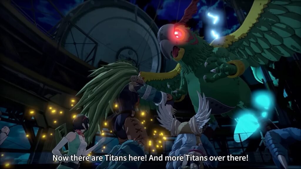 A parrot Digimon over a bunch of kids in Digimon Story Time Stranger