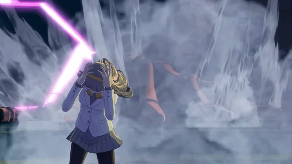 A woman flinching near smoke in Digimon Story Time Stranger