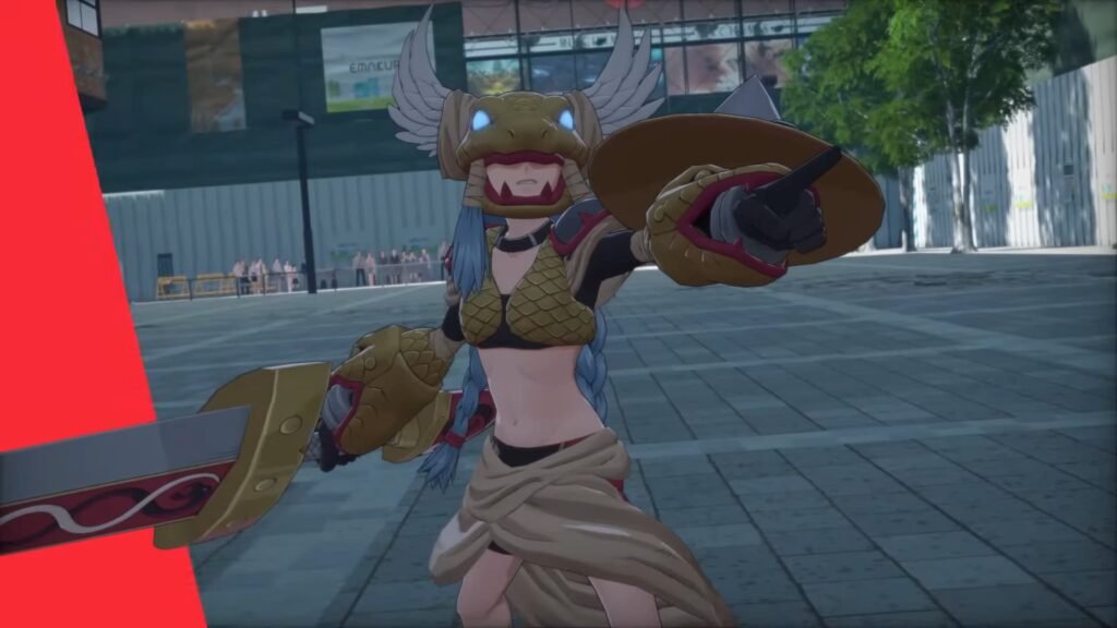 A woman pointing to the side in Digimon Story Time Stranger