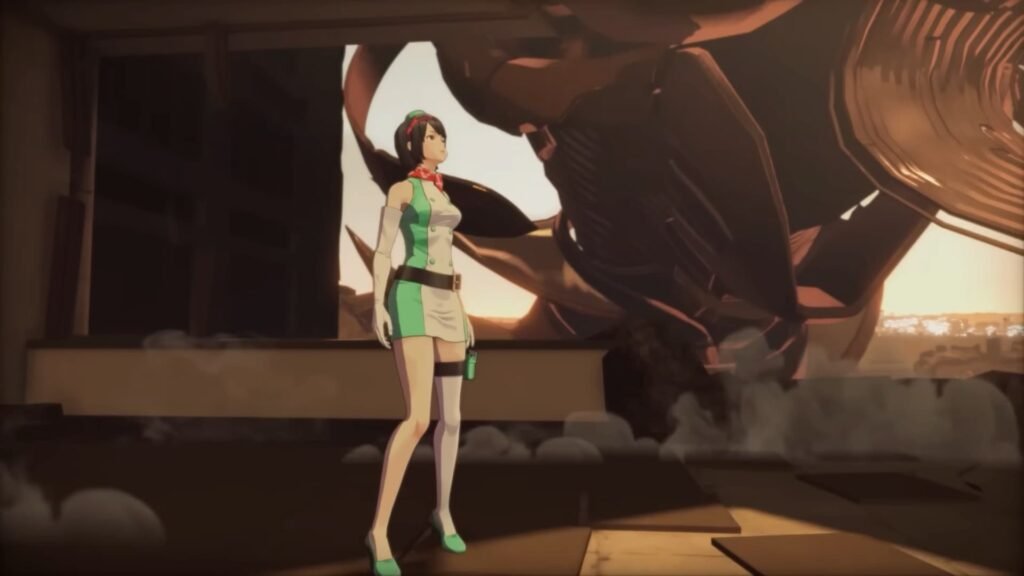 A woman standing in front of a destroyed building in Digimon Story Time Stranger