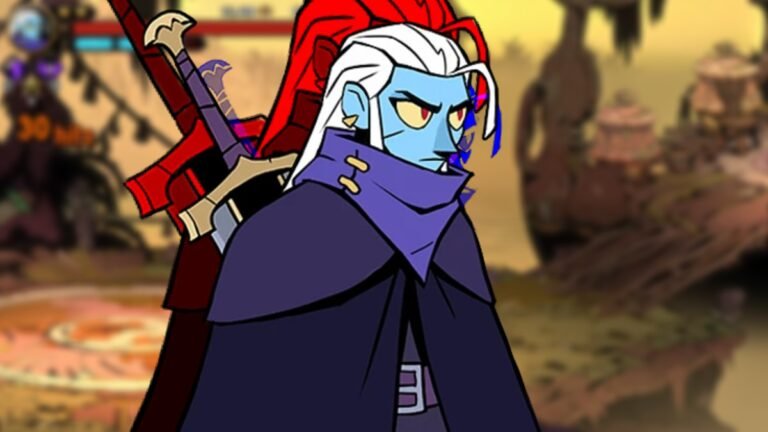 Galandra from Absolum in front of a blurred background of gameplay
