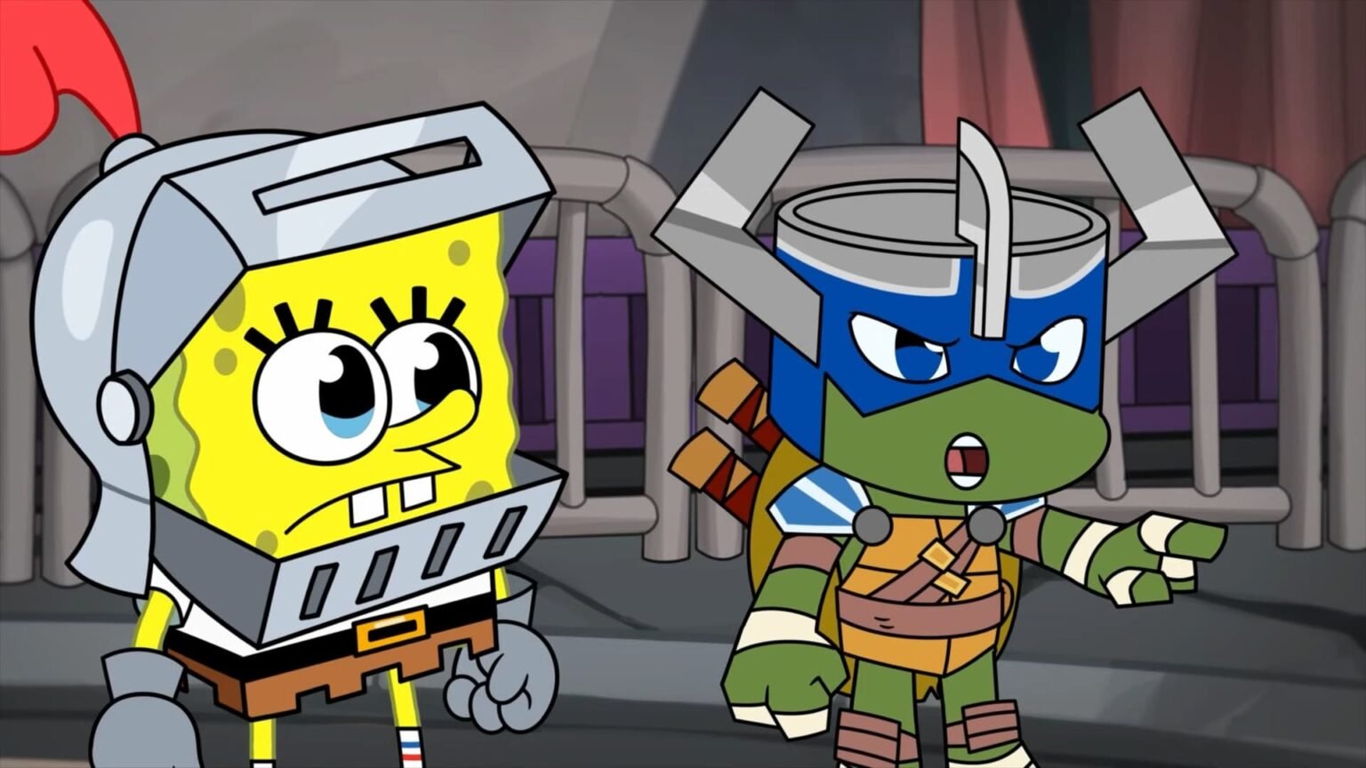 Spongebob and Leonardo standing together in Nicktoons & The Dice of Destiny