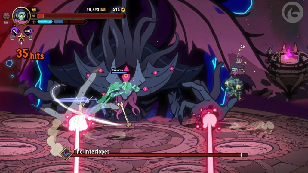 The interloper fighting the player in Absolum