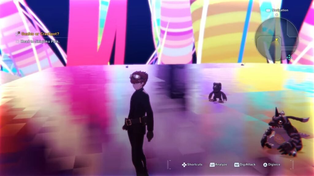 The player next to Black Agumon and Black Gabumon next to each other in Digimon Story Time Stranger